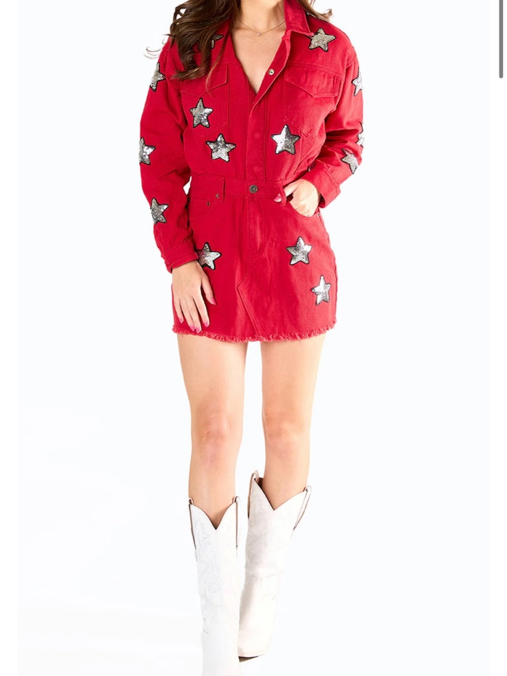 Buddy Love Raelynn Western Rodeo Cowboy Festival Denim Star Dress in Red Size S - Picture 1 of 7